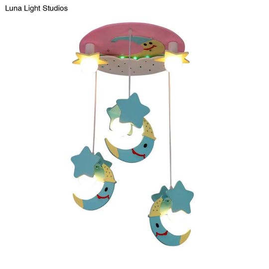 Wooden Moon And Star Semi Flush Mount Ceiling Light With Cartoon Design - 5 Blue/Pink Lights