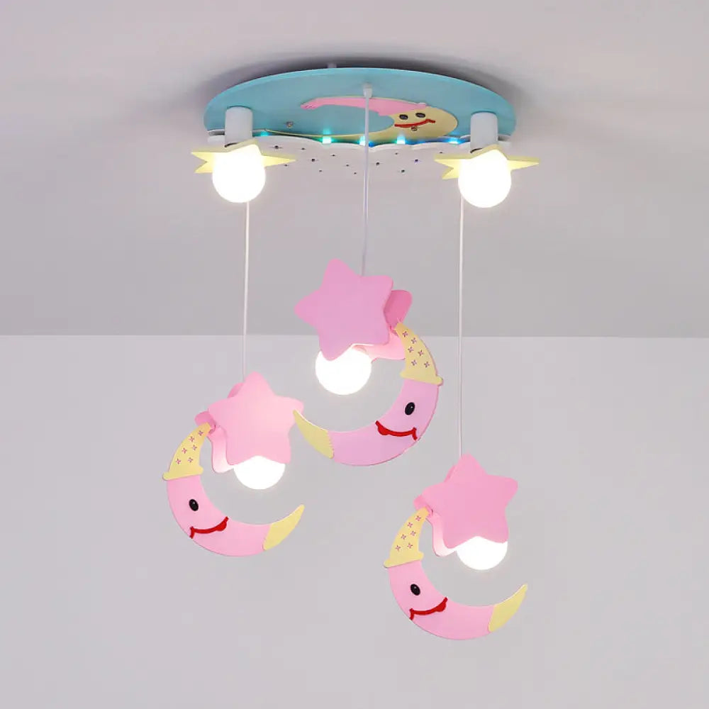 Wooden Moon And Star Semi Flush Mount Ceiling Light With Cartoon Design - 5 Blue/Pink Lights Pink