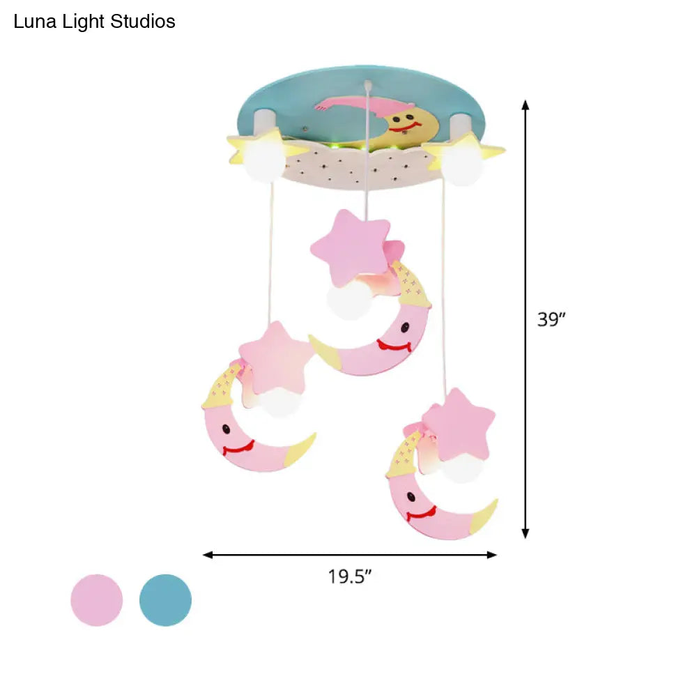 Wooden Moon And Star Semi Flush Mount Ceiling Light With Cartoon Design - 5 Blue/Pink Lights