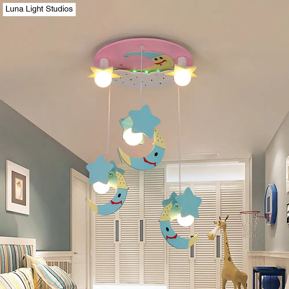 Wooden Moon And Star Semi Flush Mount Ceiling Light With Cartoon Design - 5 Blue/Pink Lights