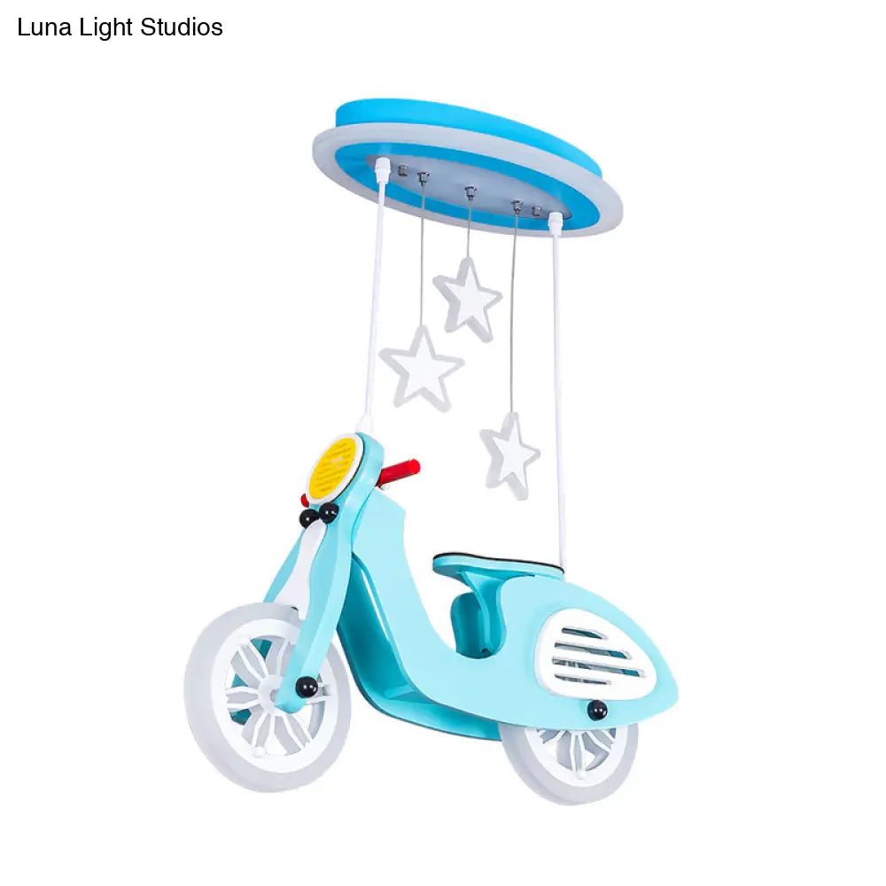 Wooden Motorcycle Ceiling Light With Led Cartoon Blue/Pink Design And Acrylic Shade