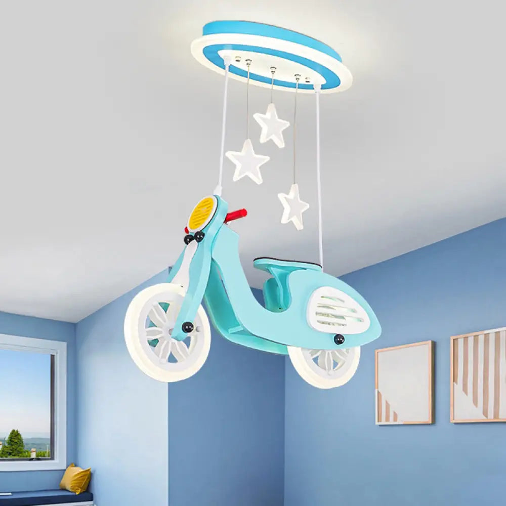 Wooden Motorcycle Ceiling Light With Led Cartoon Blue/Pink Design And Acrylic Shade Blue