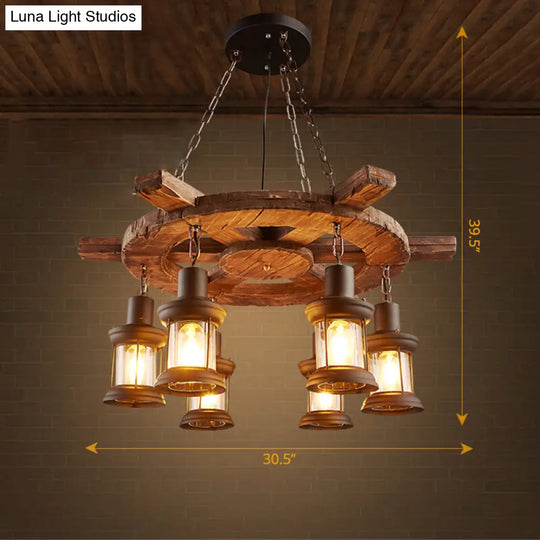 Nautical Lantern Glass Ceiling Chandelier With Wooden Suspension For Living Room Wood / Rudder