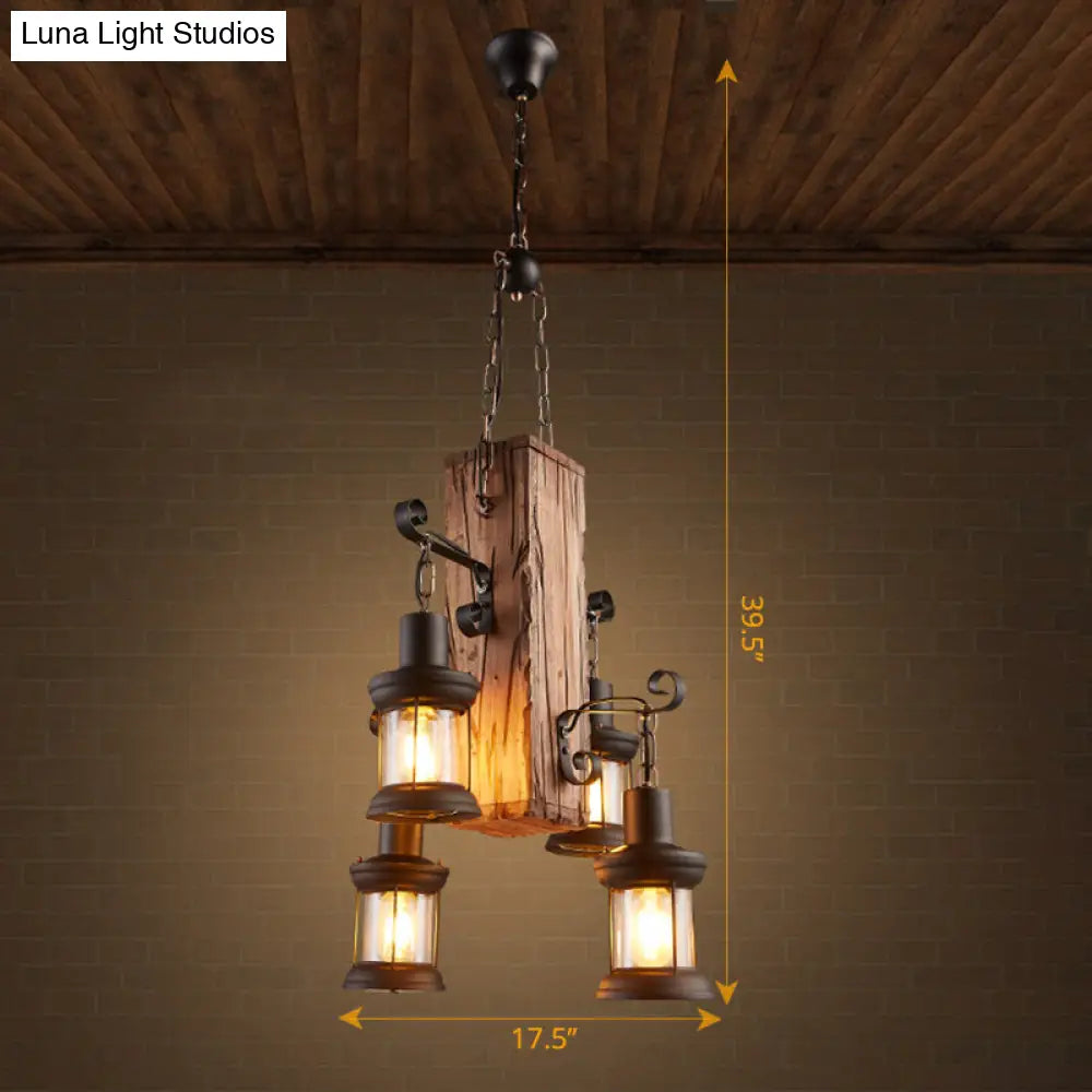 Nautical Lantern Glass Ceiling Chandelier With Wooden Suspension For Living Room Wood / Long Arm
