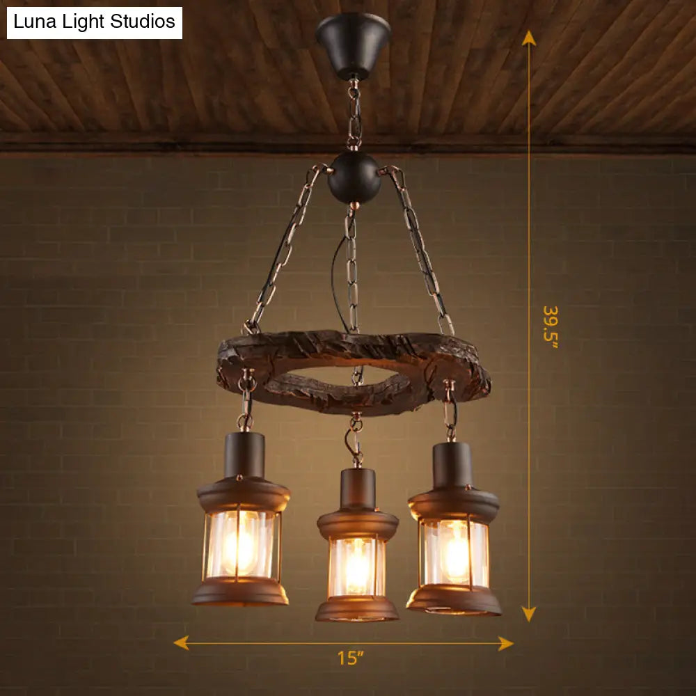 Nautical Lantern Glass Ceiling Chandelier With Wooden Suspension For Living Room Wood / Circle