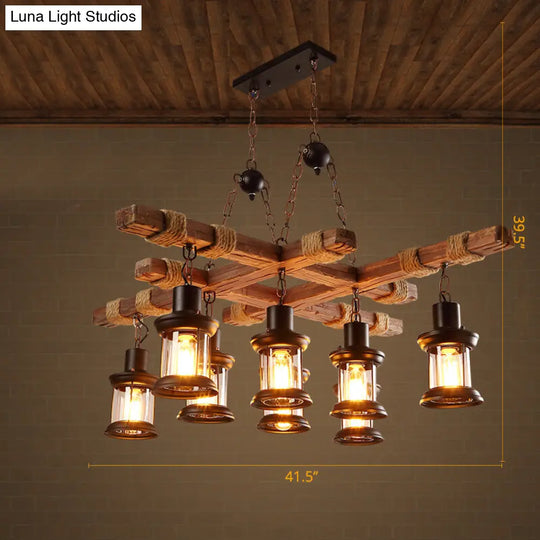 Nautical Lantern Glass Ceiling Chandelier With Wooden Suspension For Living Room Wood / Square