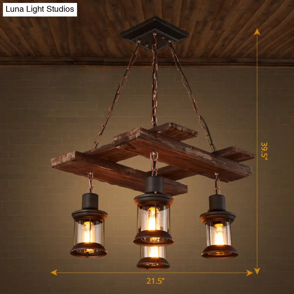 Nautical Lantern Glass Ceiling Chandelier With Wooden Suspension For Living Room Wood / Rhombus