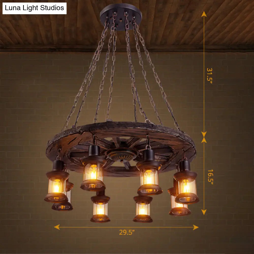 Nautical Lantern Glass Ceiling Chandelier With Wooden Suspension For Living Room Wood / Wheel