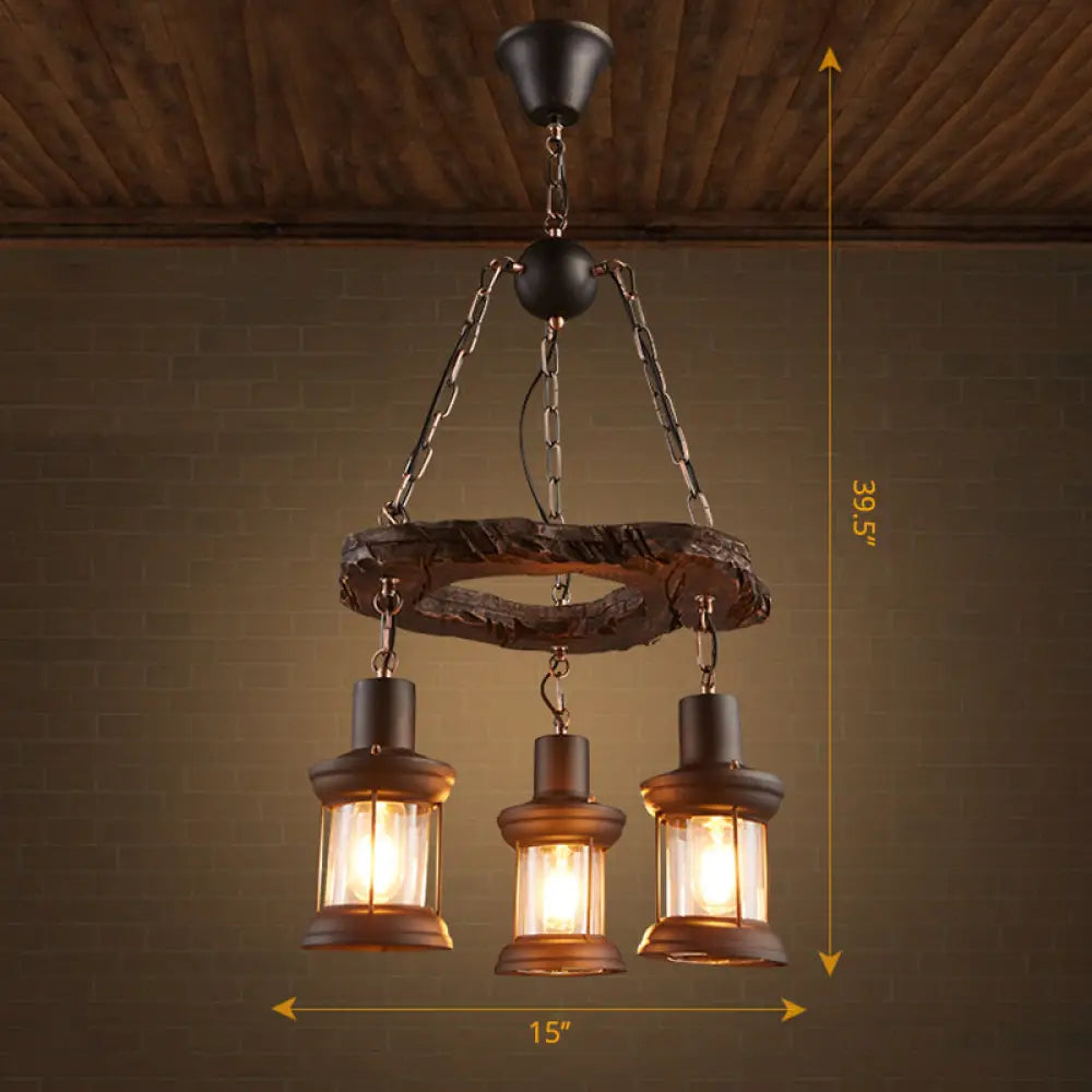 Wooden Nautical Lantern Ceiling Chandelier With Clear Glass For Living Room Wood / Circle
