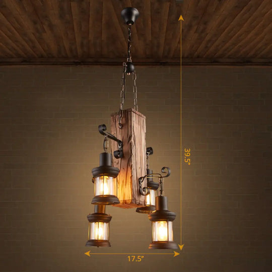 Wooden Nautical Lantern Ceiling Chandelier With Clear Glass For Living Room Wood / Long Arm