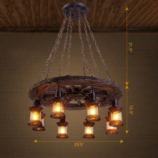 Wooden Nautical Lantern Ceiling Chandelier With Clear Glass For Living Room Wood / Wheel