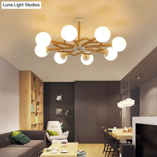 Wooden Nordic Ball Chandelier: Cream Glass Living Room Hanging Light With Bird Decor