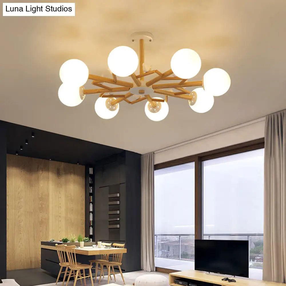 Wooden Nordic Ball Chandelier: Cream Glass Living Room Hanging Light With Bird Decor