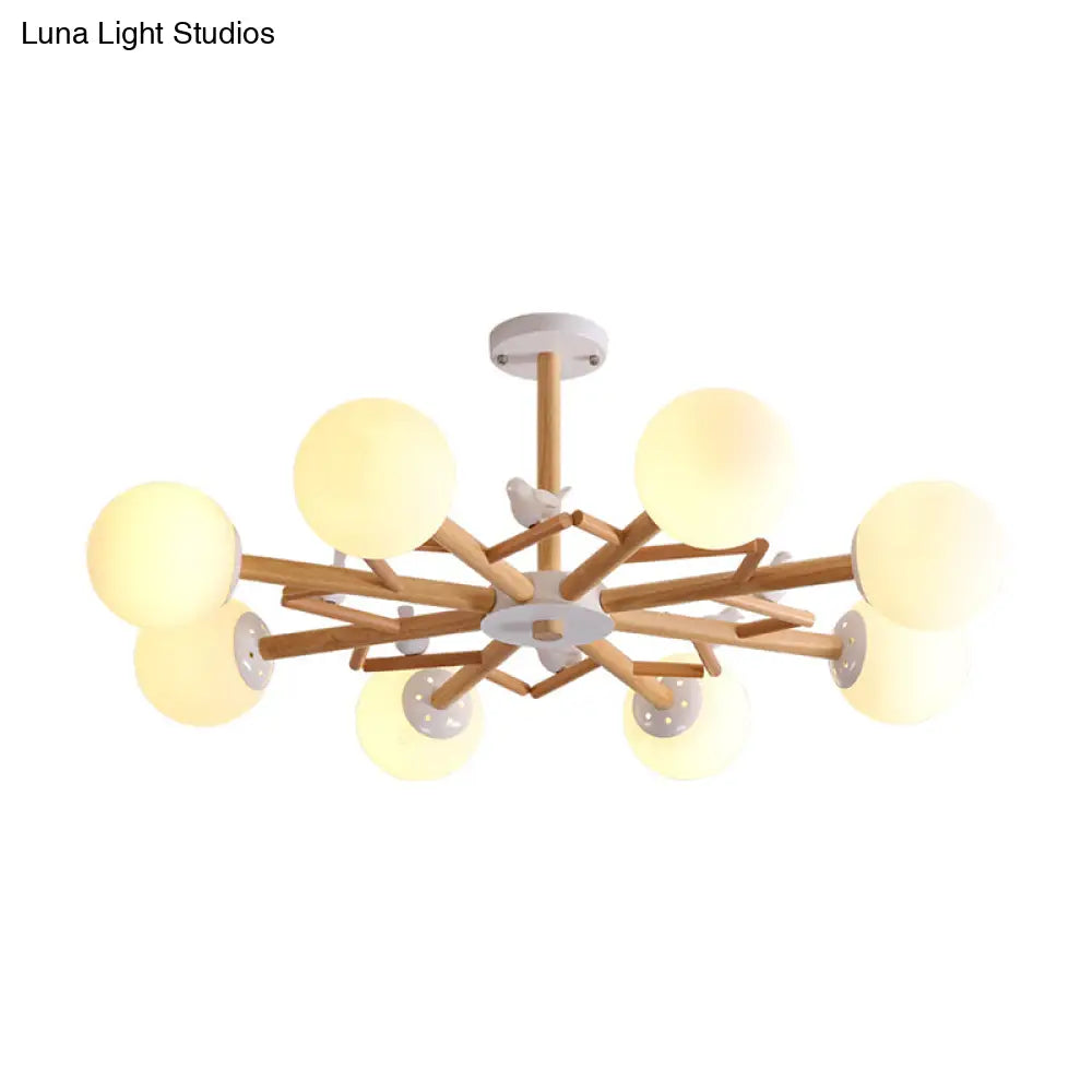 Wooden Nordic Ball Chandelier: Cream Glass Living Room Hanging Light With Bird Decor