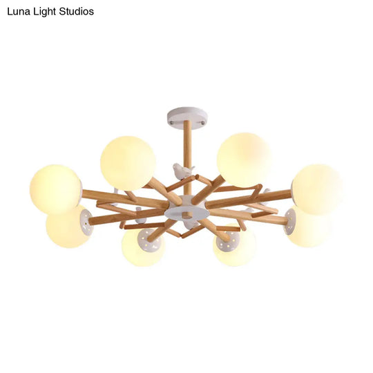 Wooden Nordic Ball Chandelier: Cream Glass Living Room Hanging Light With Bird Decor