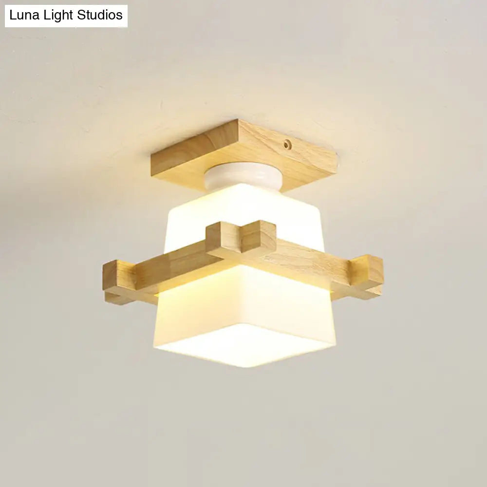 Wooden Nordic Semi Flush Ceiling Light With White Glass - Small Size / F