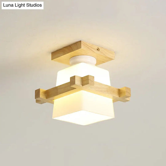 Wooden Nordic Semi Flush Ceiling Light With White Glass - Small Size / F