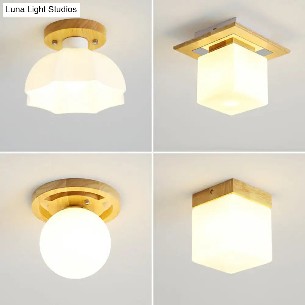 Wooden Nordic Semi Flush Ceiling Light With White Glass - Small Size