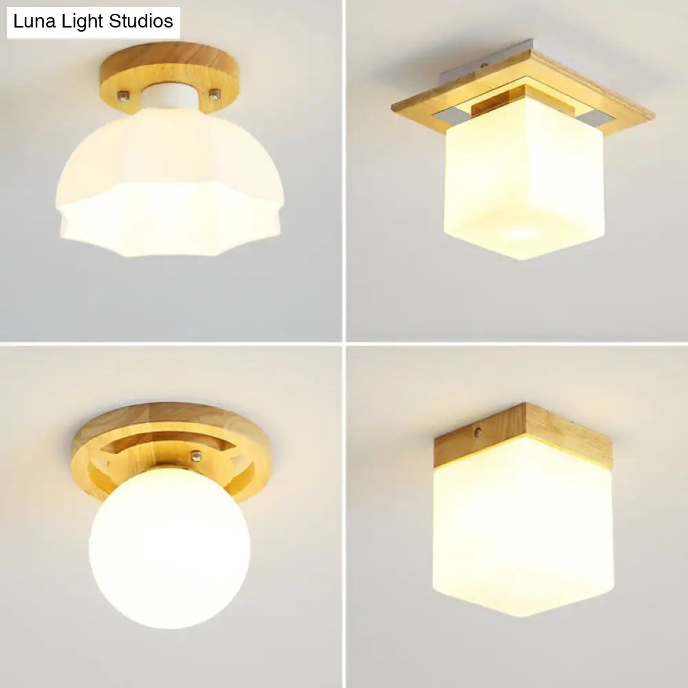 Wooden Nordic Semi Flush Ceiling Light With White Glass - Small Size
