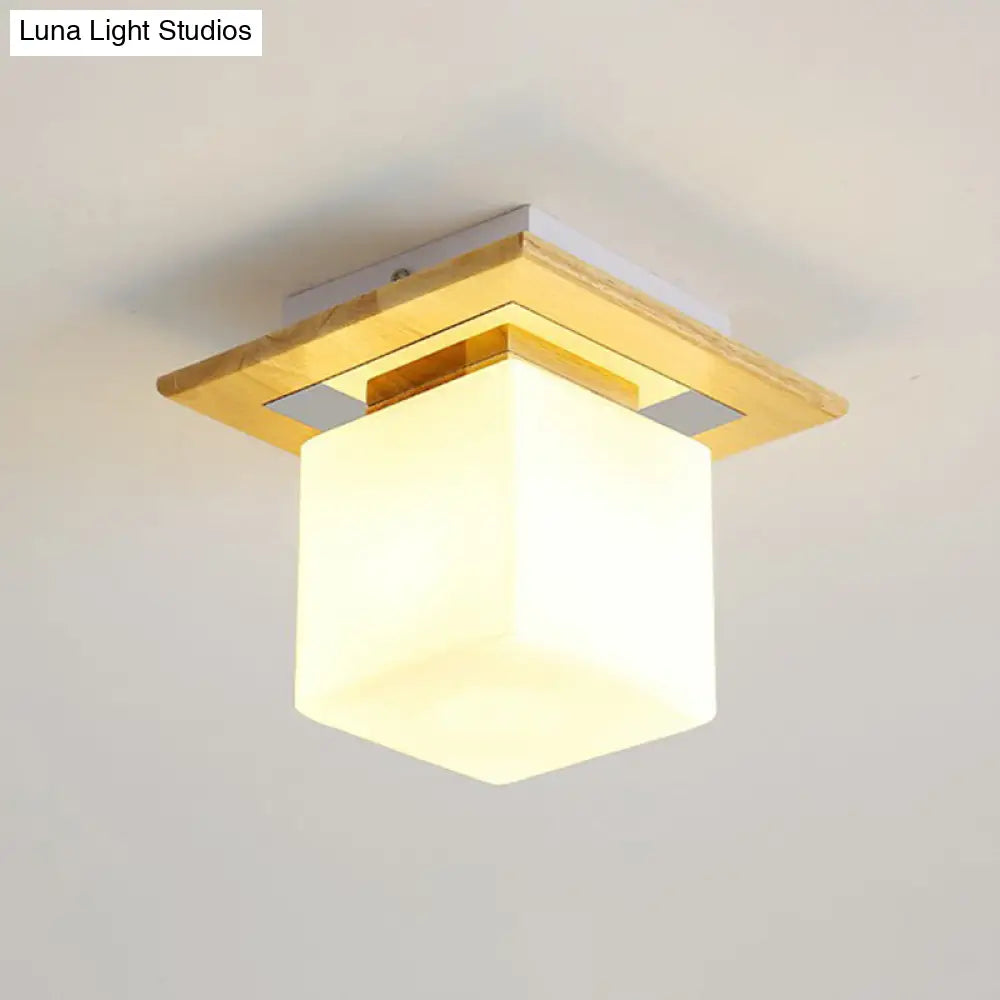 Wooden Nordic Semi Flush Ceiling Light With White Glass - Small Size / A