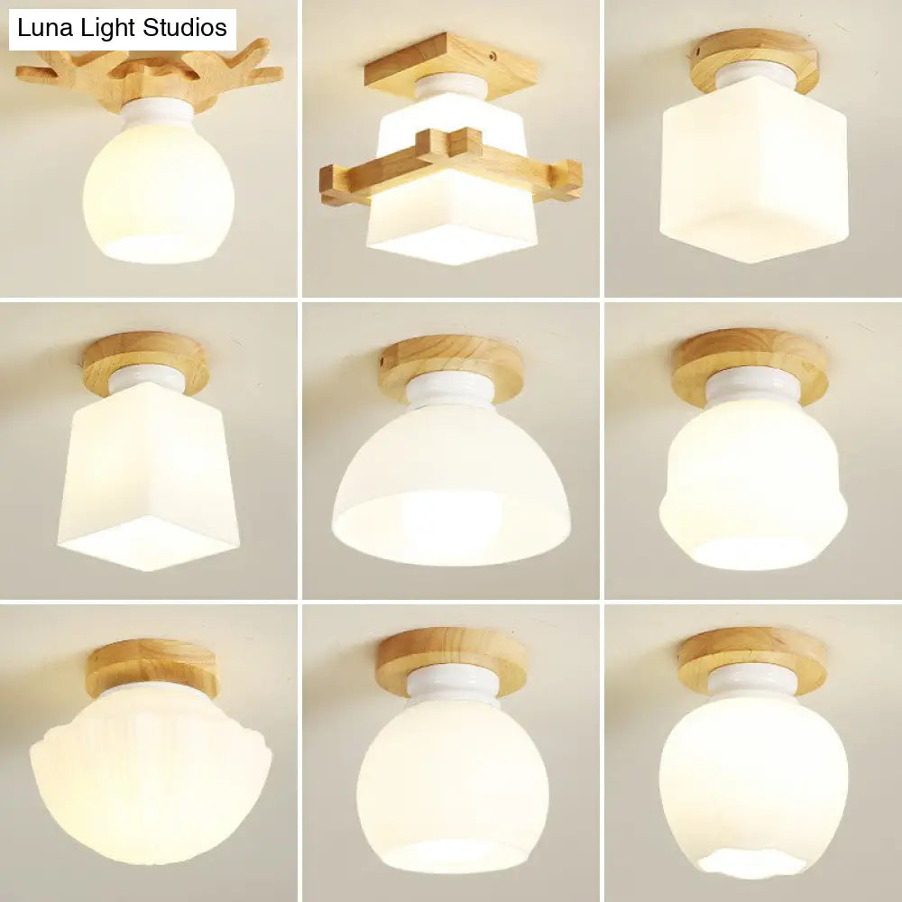 Wooden Nordic Semi Flush Ceiling Light With White Glass - Small Size