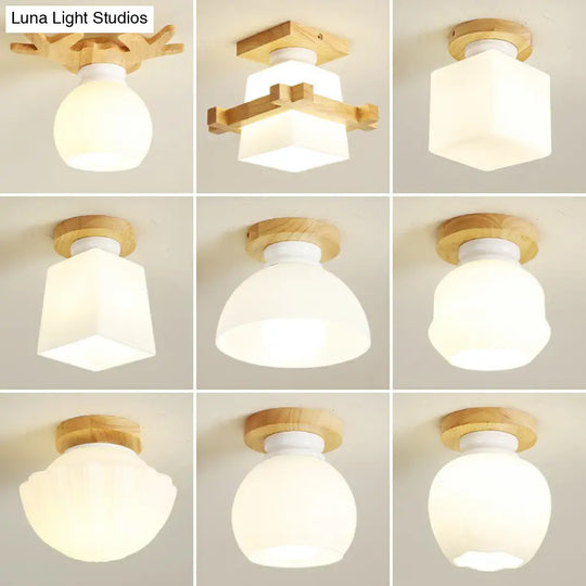 Wooden Nordic Semi Flush Ceiling Light With White Glass - Small Size