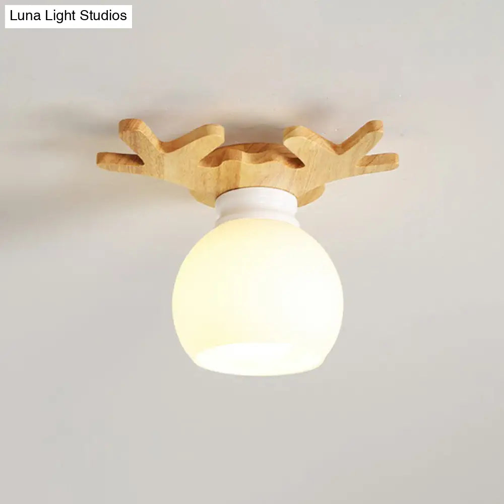 Wooden Nordic Semi Flush Ceiling Light With White Glass - Small Size / G