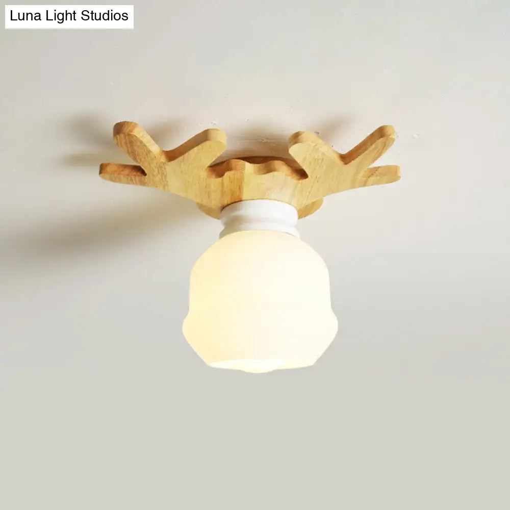Wooden Nordic Semi Flush Ceiling Light With White Glass - Small Size / H