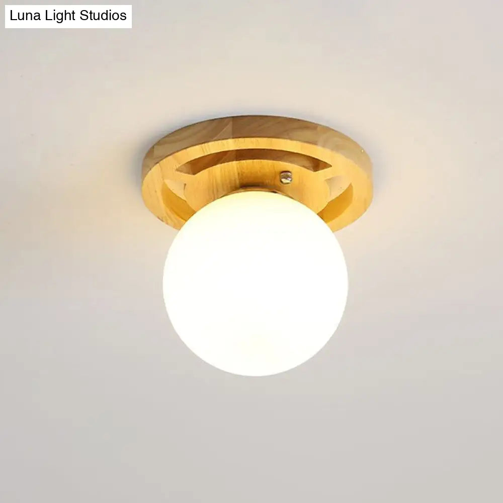 Wooden Nordic Semi Flush Ceiling Light With White Glass - Small Size / E