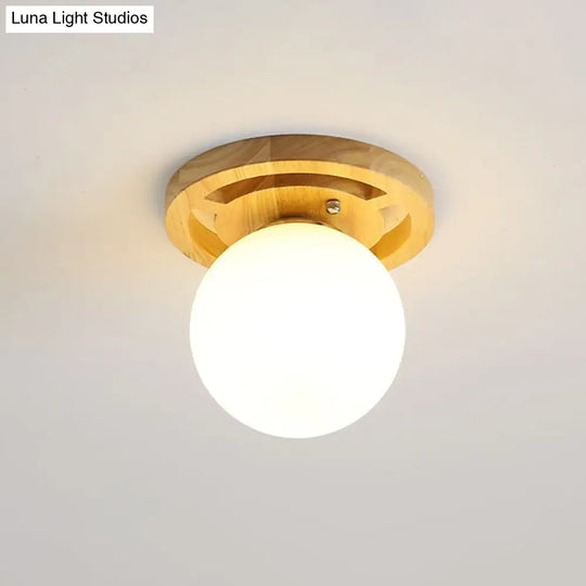 Wooden Nordic Semi Flush Ceiling Light With White Glass - Small Size / E