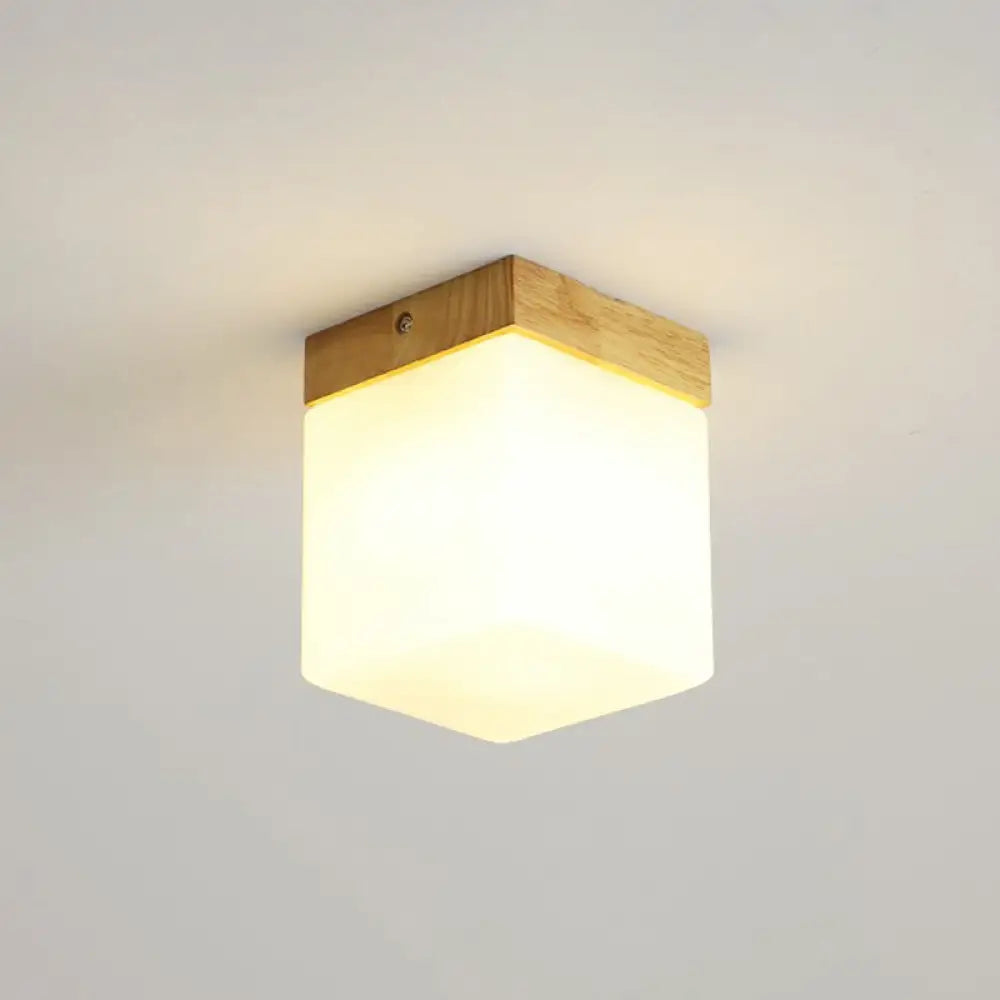 Wooden Nordic Semi Flush Ceiling Light With White Glass - Small Size / B