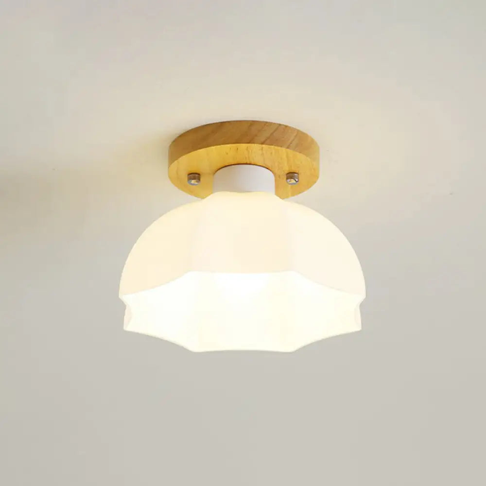 Wooden Nordic Semi Flush Ceiling Light With White Glass - Small Size / C