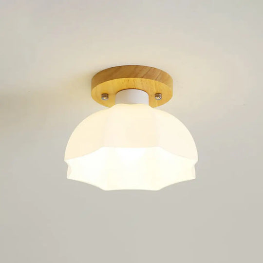 Wooden Nordic Semi Flush Ceiling Light With White Glass - Small Size / C