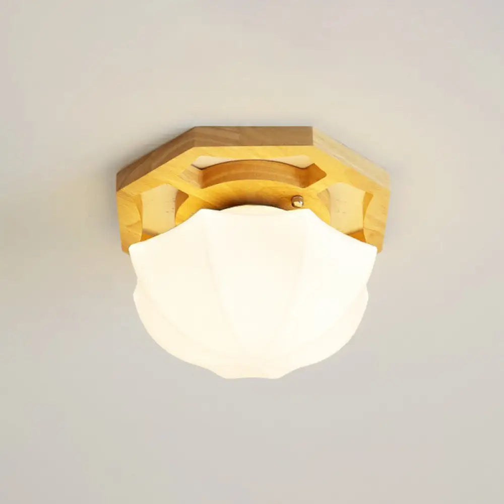 Wooden Nordic Semi Flush Ceiling Light With White Glass - Small Size / D