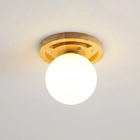 Wooden Nordic Semi Flush Ceiling Light With White Glass - Small Size / E