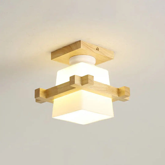 Wooden Nordic Semi Flush Ceiling Light With White Glass - Small Size / F