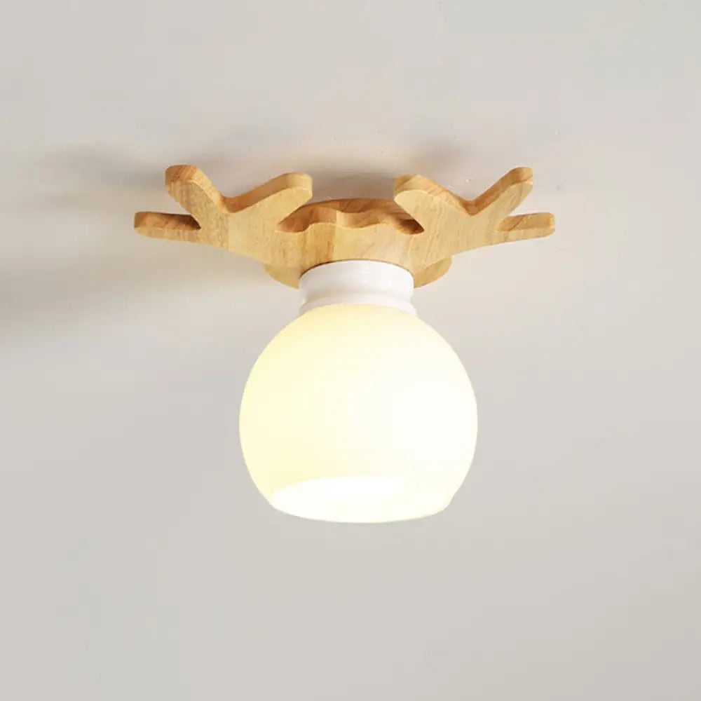 Wooden Nordic Semi Flush Ceiling Light With White Glass - Small Size / G