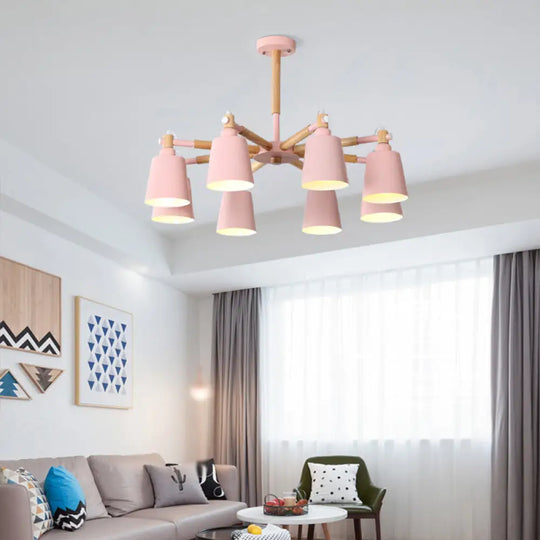 Wooden Nordic Starburst Chandelier Pendant With 8 Lights And Metal Shade / Pink