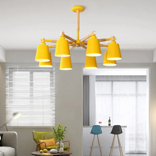 Wooden Nordic Starburst Chandelier Pendant With 8 Lights And Metal Shade / Yellow