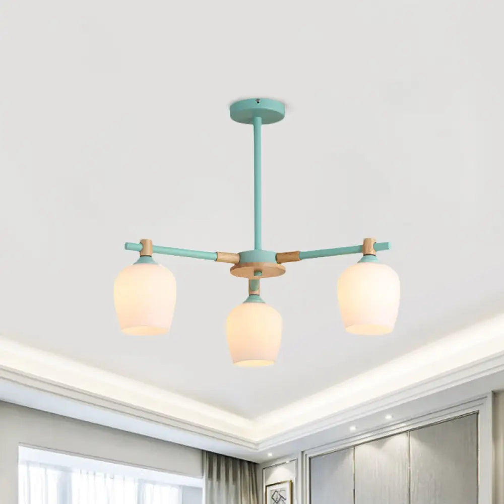 Wooden Nordic Style Chandelier With 3/6 Lights In Green/Gray/White For Living Room - Hanging Urn