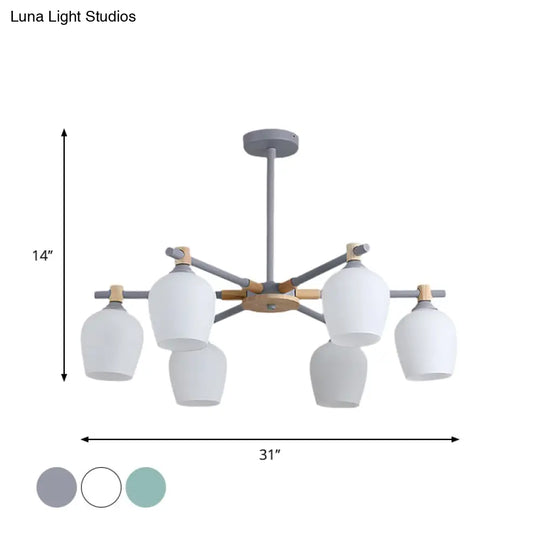 Wooden Nordic Style Chandelier With 3/6 Lights In Green/Gray/White For Living Room - Hanging Urn