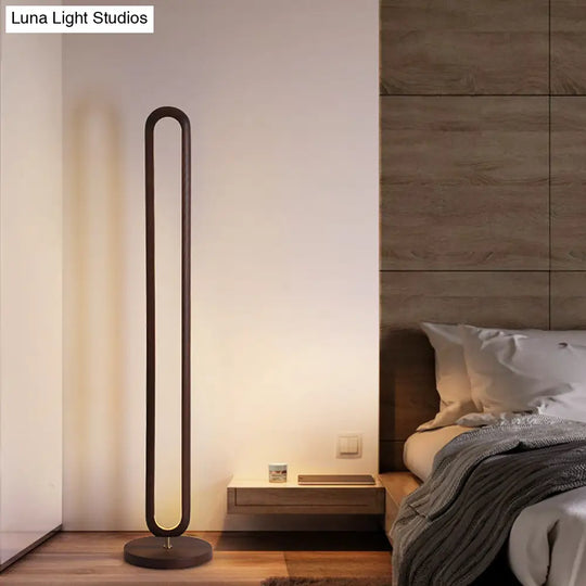 Wooden Oval Floor Reading Lamp In Simplicity Brown/Beige Led Design - Ideal For Bedside Use