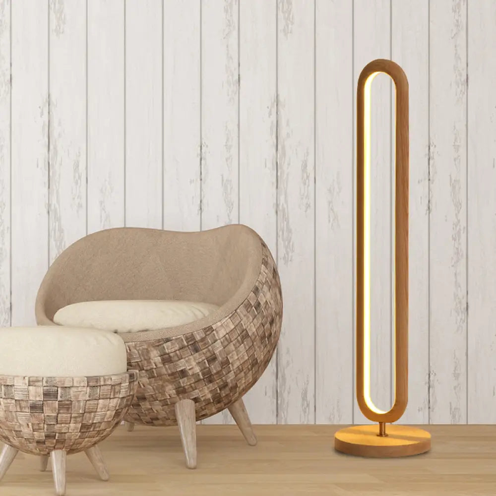 Wooden Oval Floor Reading Lamp In Simplicity Brown/Beige Led Design - Ideal For Bedside Use Wood