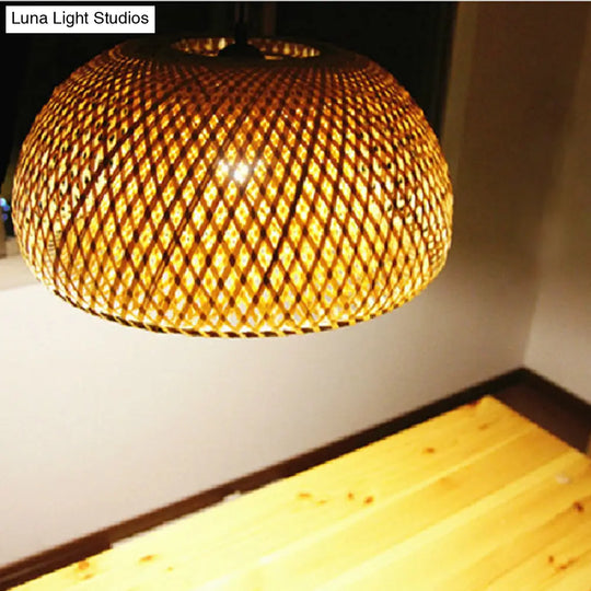 Wooden Pendant Bedside Lamp With Bamboo Shade - Asian Style Drop Light