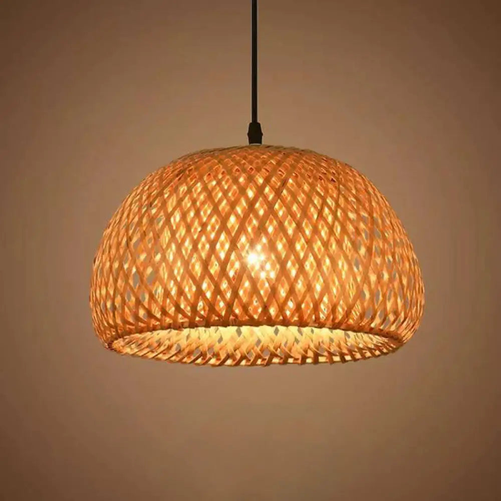 Wooden Pendant Bedside Lamp With Bamboo Shade - Asian Style Drop Light Wood / 12