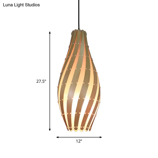 Wooden Pendant Lamp With Beige Shade - 1 Bulb 8’/12’ Wide Ceiling Hanging Light For Restaurants