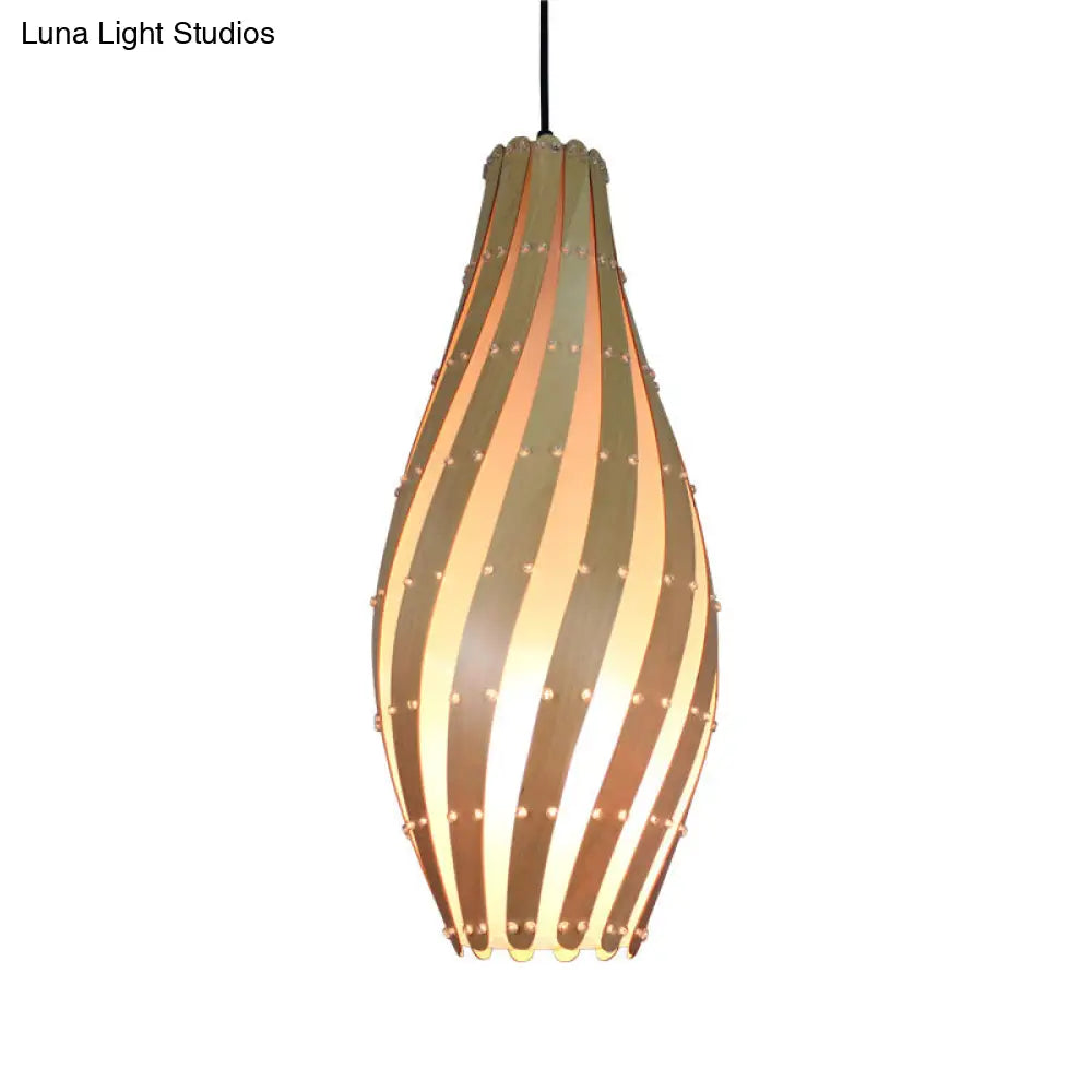 Wooden Pendant Lamp With Beige Shade - 1 Bulb 8’/12’ Wide Ceiling Hanging Light For Restaurants