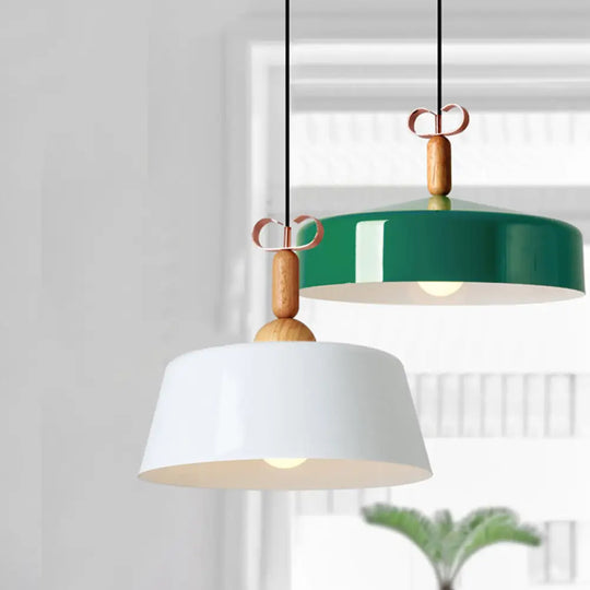 Wooden Pendant Lamp With Modern Barn/Cone Shade In White/Green For Kitchen Green