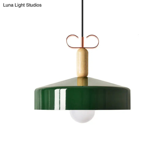 Modernist Style Barn/Cone Shade Pendant Light In White/Green - Metal/Wood Kitchen Lamp