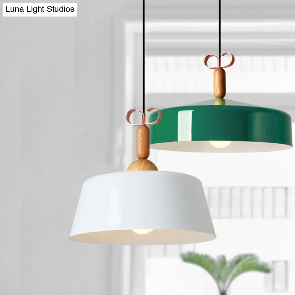 Modernist Style Barn/Cone Shade Pendant Light In White/Green - Metal/Wood Kitchen Lamp Green